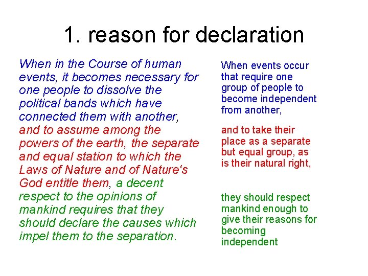 1. reason for declaration When in the Course of human events, it becomes necessary