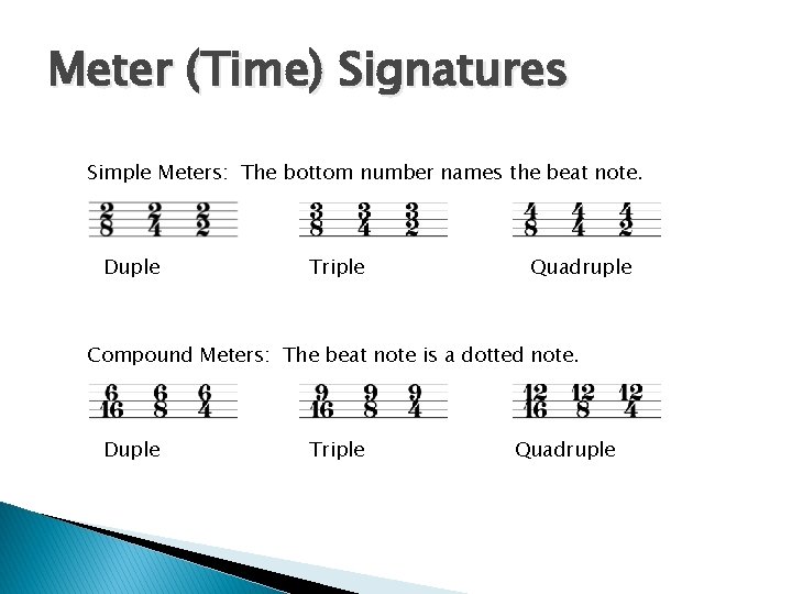 Meter (Time) Signatures Simple Meters: The bottom number names the beat note. Duple Triple