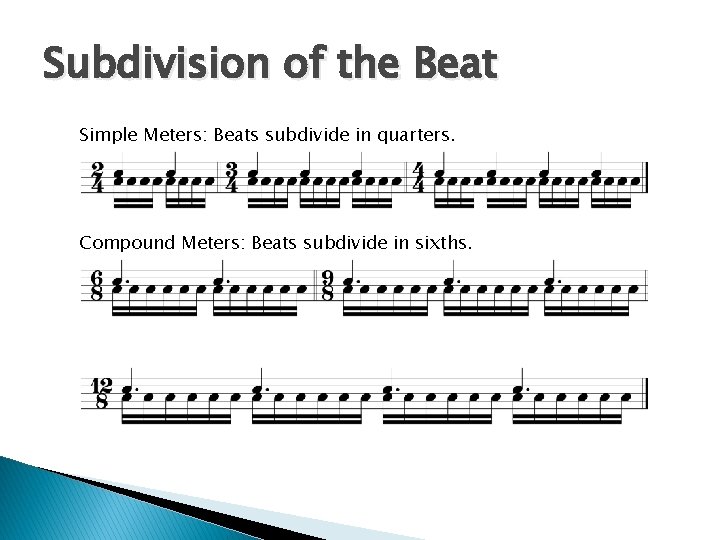 Subdivision of the Beat Simple Meters: Beats subdivide in quarters. Compound Meters: Beats subdivide