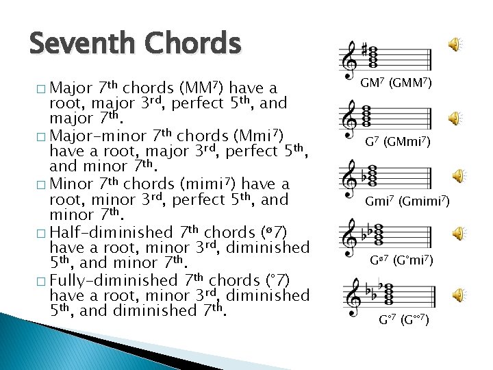 Seventh Chords � Major 7 th chords (MM 7) have a root, major 3