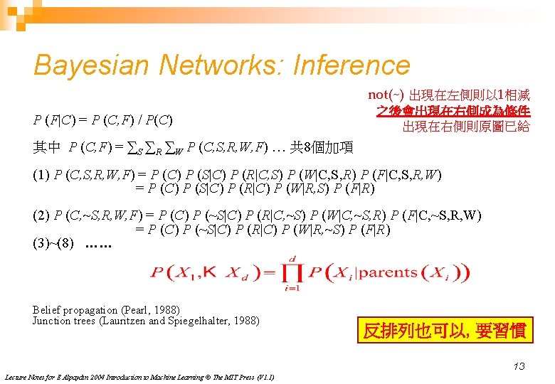 Bayesian Networks: Inference not(~) 出現在左側則以 1相減 P (F|C) = P (C, F) / P(C)