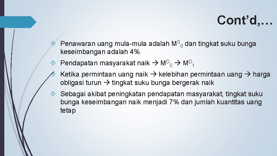 Cont’d, … Penawaran uang mula-mula adalah MS 0 dan tingkat suku bunga keseimbangan adalah