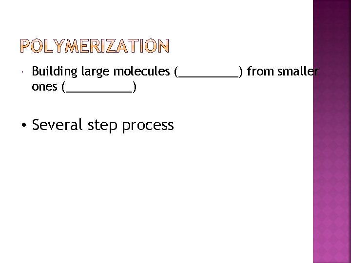  Building large molecules (_____) from smaller ones (_____) • Several step process 