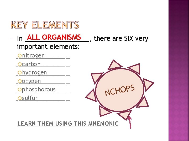  ALL ORGANISMS In _________, there are SIX very important elements: nitrogen ___________ carbon
