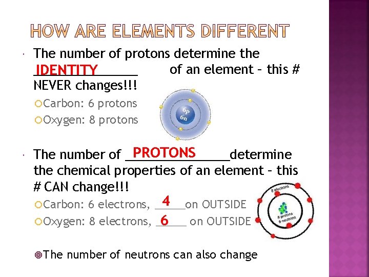  The number of protons determine the ________ of an element – this #