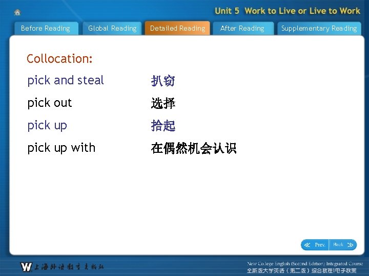 Before Reading Global Reading Detailed Reading After Reading Collocation: pick and steal 扒窃 pick