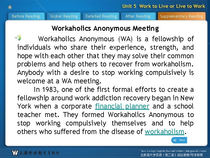 Before Reading Global Reading Detailed Reading After Reading Supplementary Reading Workaholics Anonymous Meeting Workaholics