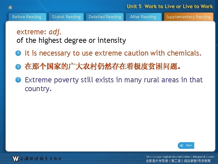 Before Reading Global Reading Detailed Reading After Reading Supplementary Reading extreme: adj. of the