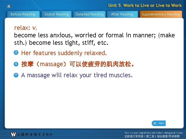 Before Reading Global Reading Detailed Reading After Reading Supplementary Reading relax: v. become less
