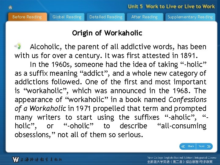 Before Reading Global Reading Detailed Reading After Reading Supplementary Reading Origin of Workaholic Alcoholic,