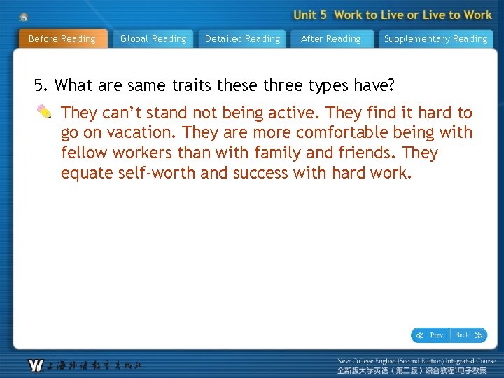 Before Reading Global Reading Detailed Reading After Reading Supplementary Reading 5. What are same