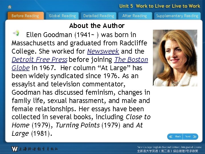 Before Reading Global Reading Detailed Reading After Reading About the Author Ellen Goodman (1941~