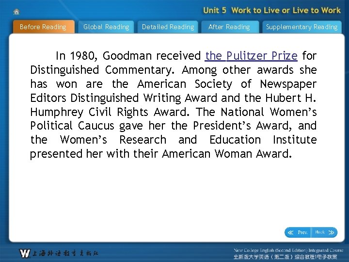 Before Reading Global Reading Detailed Reading After Reading Supplementary Reading In 1980, Goodman received