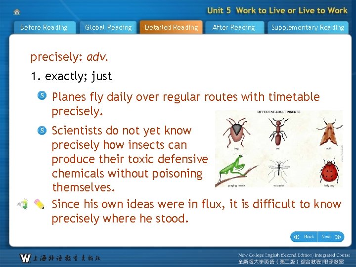 Before Reading Global Reading Detailed Reading After Reading Supplementary Reading precisely: adv. 1. exactly;