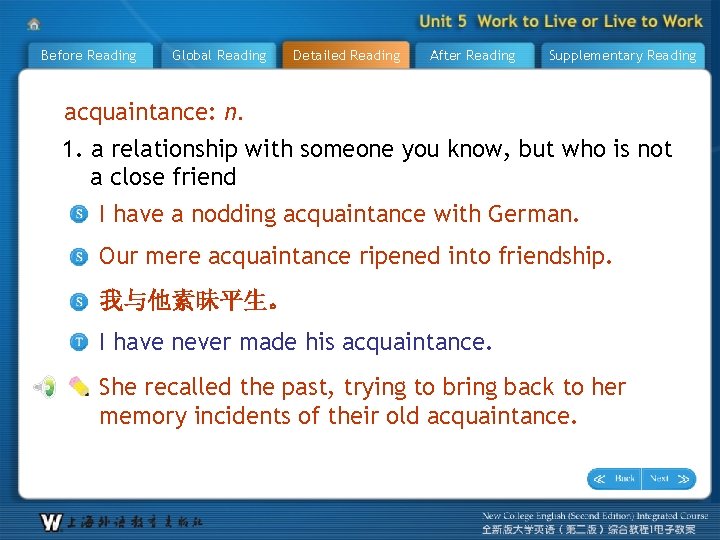Before Reading Global Reading Detailed Reading After Reading Supplementary Reading acquaintance: n. 1. a