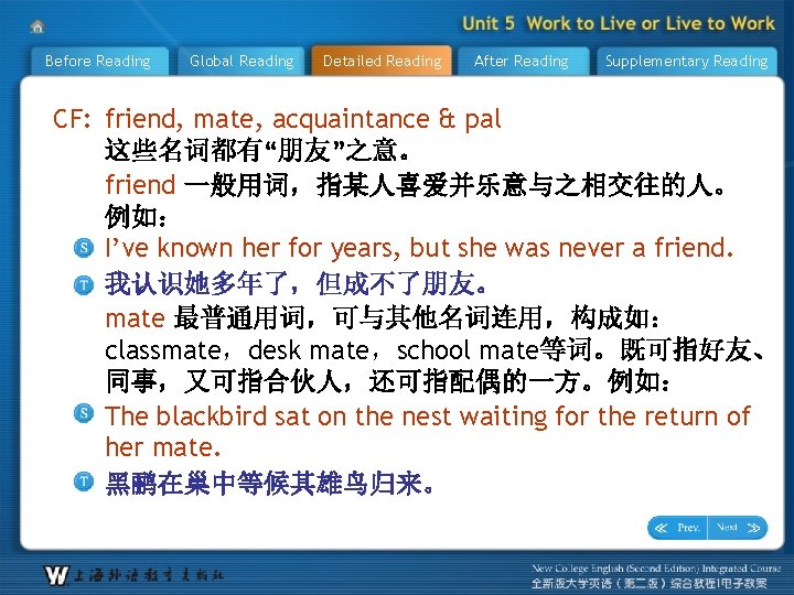 Before Reading Global Reading Detailed Reading After Reading Supplementary Reading CF: friend, mate, acquaintance