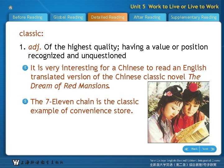 Before Reading Global Reading Detailed Reading After Reading Supplementary Reading classic: 1. adj. Of