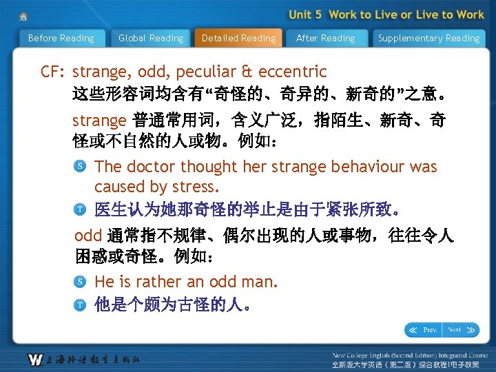 Before Reading Global Reading Detailed Reading After Reading Supplementary Reading CF: strange, odd, peculiar