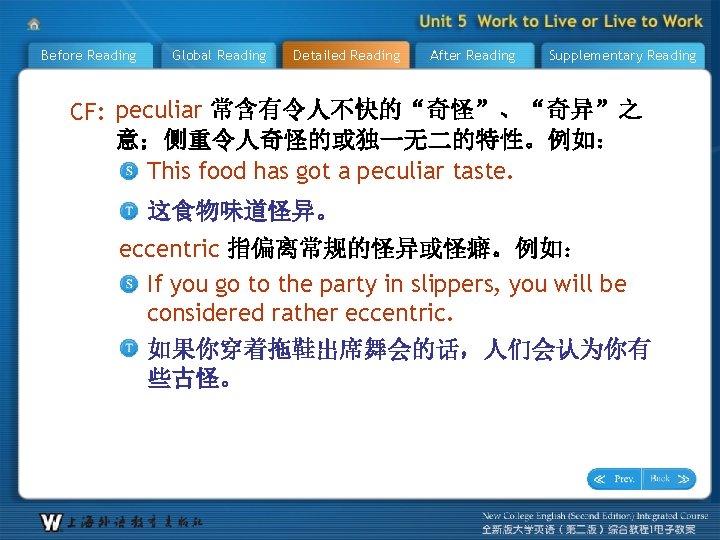 Before Reading Global Reading Detailed Reading After Reading Supplementary Reading CF: peculiar 常含有令人不快的“奇怪”、“奇异”之 意；侧重令人奇怪的或独一无二的特性。例如：