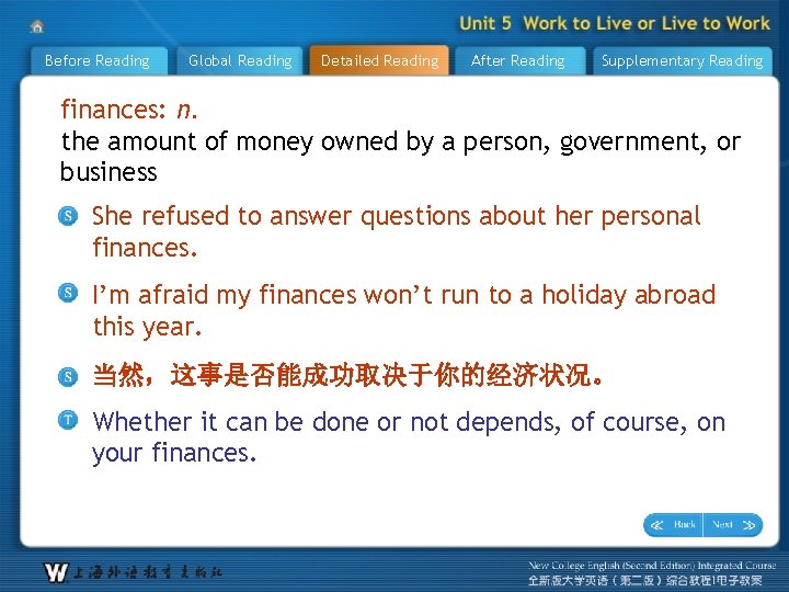 Before Reading Global Reading Detailed Reading After Reading Supplementary Reading finances: n. the amount