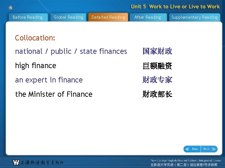 Before Reading Global Reading Detailed Reading After Reading Supplementary Reading Collocation: national / public