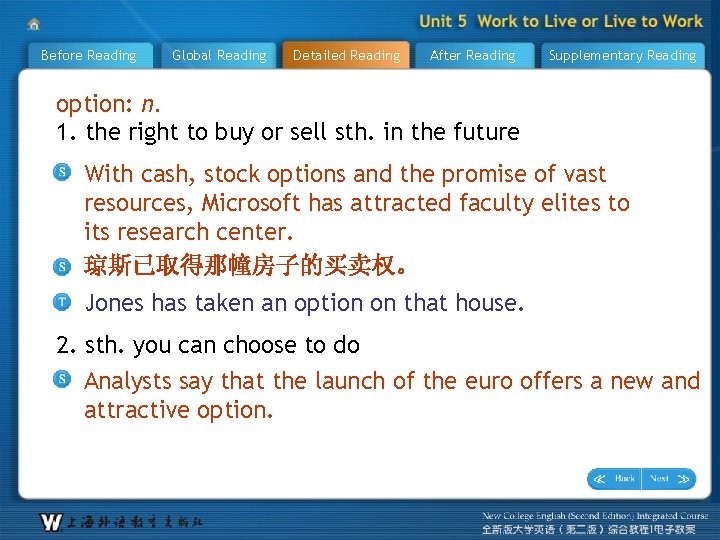 Before Reading Global Reading Detailed Reading After Reading Supplementary Reading option: n. 1. the