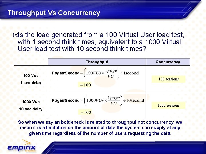 Throughput Vs Concurrency Is the load generated from a 100 Virtual User load test,