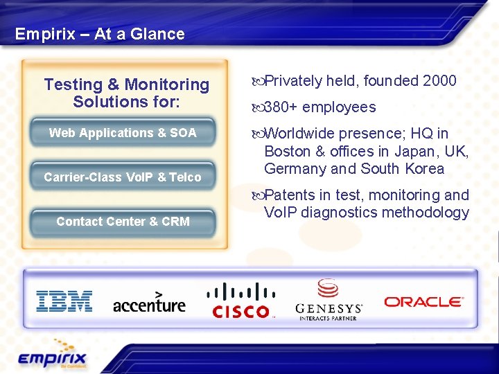 Empirix – At a Glance Testing & Monitoring Solutions for: Web Applications & SOA