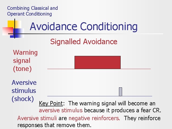 Combining Classical and Operant Conditioning Avoidance Conditioning Signalled Avoidance Warning signal (tone) Aversive stimulus