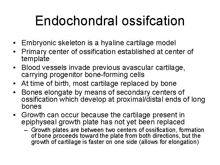 Endochondral ossifcation • Embryonic skeleton is a hyaline cartilage model • Primary center of