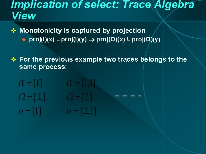 Implication of select: Trace Algebra View v Monotonicity is captured by projection u proj(I)(x) Implication of select: Trace Algebra View v Monotonicity is captured by projection u proj(I)(x)