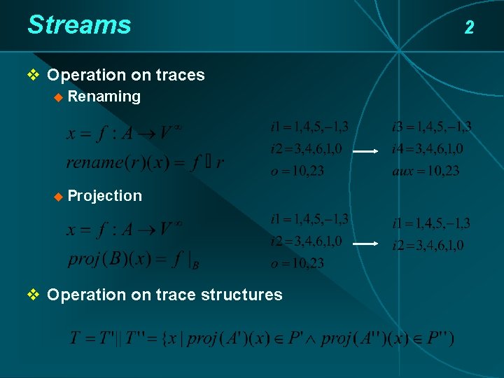 Streams v Operation on traces u Renaming u Projection v Operation on trace structures Streams v Operation on traces u Renaming u Projection v Operation on trace structures