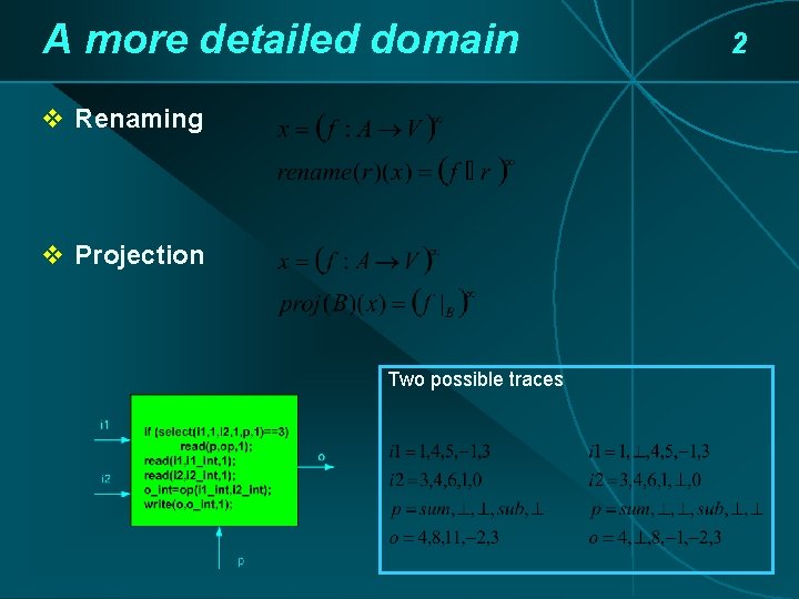 A more detailed domain v Renaming v Projection Two possible traces 2 A more detailed domain v Renaming v Projection Two possible traces 2