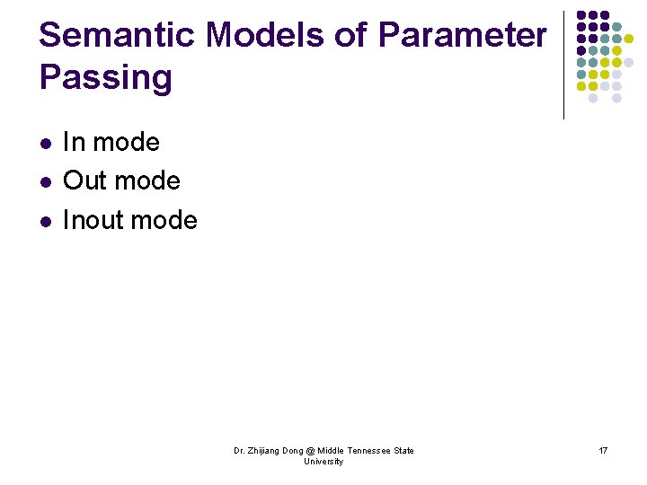Semantic Models of Parameter Passing l l l In mode Out mode Inout mode