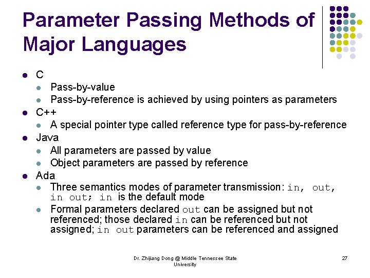 Parameter Passing Methods of Major Languages l C l l l Pass-by-value Pass-by-reference is