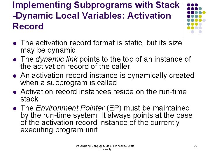 Implementing Subprograms with Stack -Dynamic Local Variables: Activation Record l l l The activation