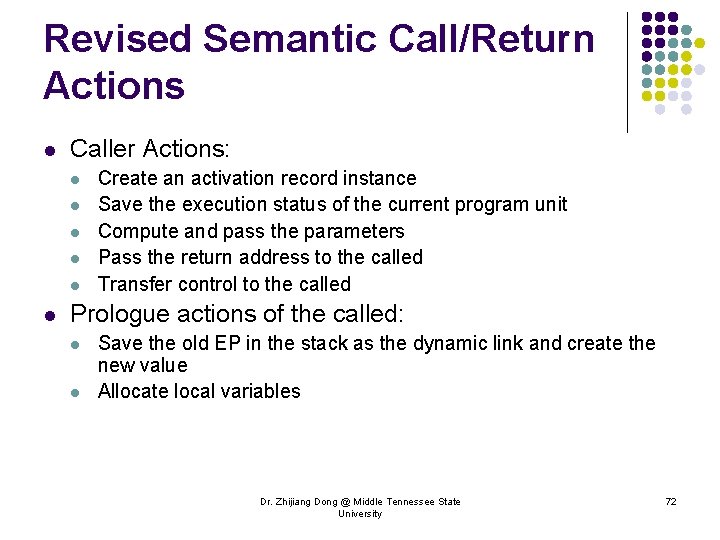 Revised Semantic Call/Return Actions l Caller Actions: l l l Create an activation record