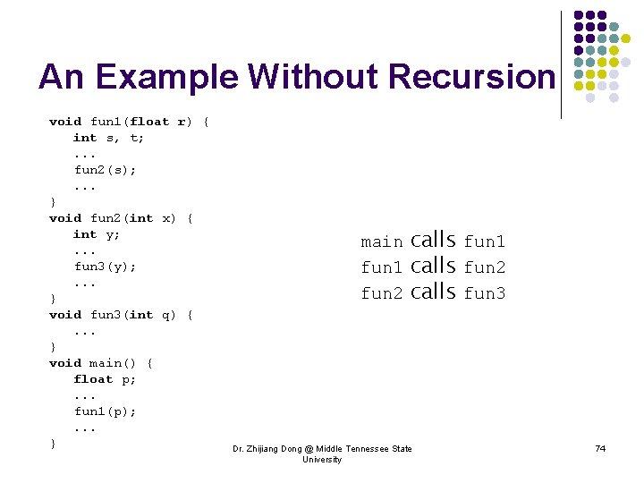 An Example Without Recursion void fun 1(float r) { int s, t; . .