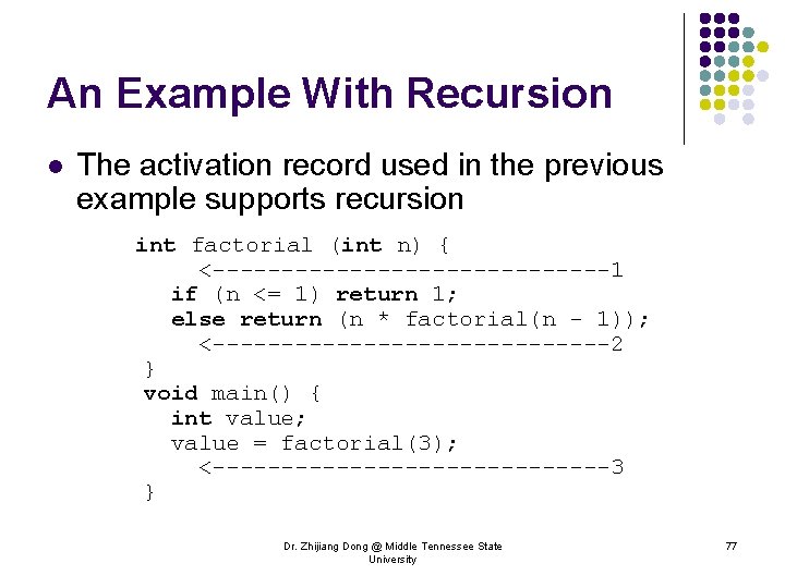 An Example With Recursion l The activation record used in the previous example supports