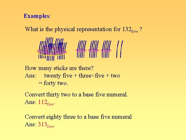 Examples: What is the physical representation for 132 five ? How many sticks are