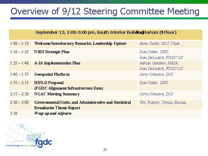 Overview of 9/12 Steering Committee Meeting st Floor) September 12, 1: 00 -3: 00