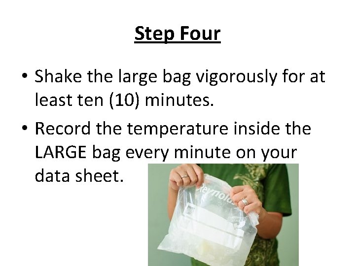 Step Four • Shake the large bag vigorously for at least ten (10) minutes.