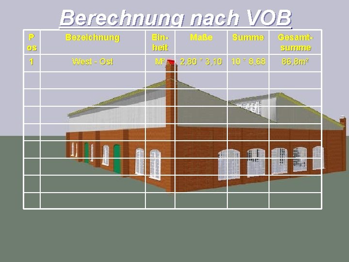 Berechnung nach VOB P os Bezeichnung Einheit 1 West - Ost M² Maße Summe