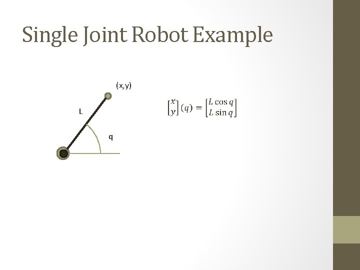 Single Joint Robot Example (x, y) L q 