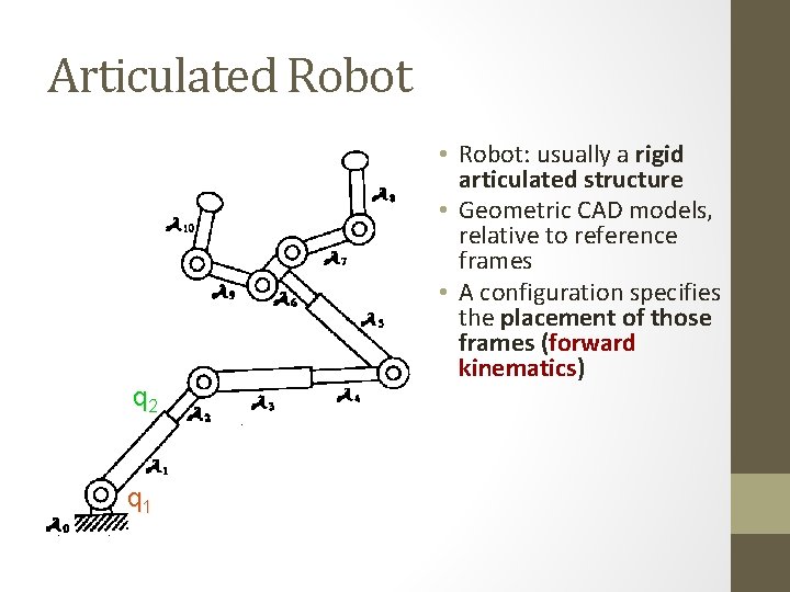 Articulated Robot q 2 q 1 • Robot: usually a rigid articulated structure •