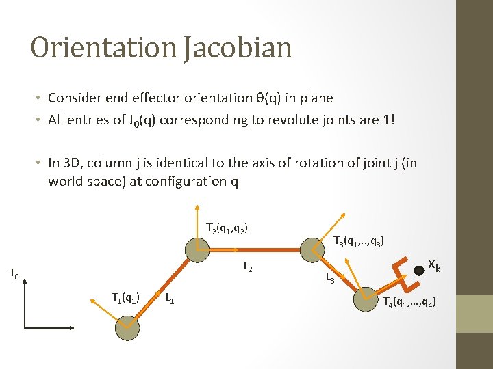 Orientation Jacobian • Consider end effector orientation θ(q) in plane • All entries of