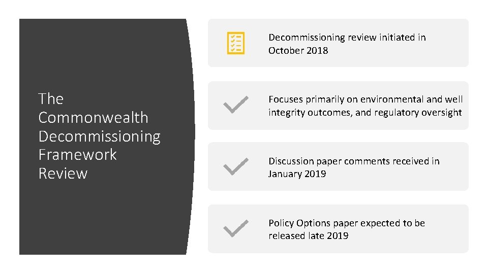 Decommissioning review initiated in October 2018 The Commonwealth Decommissioning Framework Review Focuses primarily on