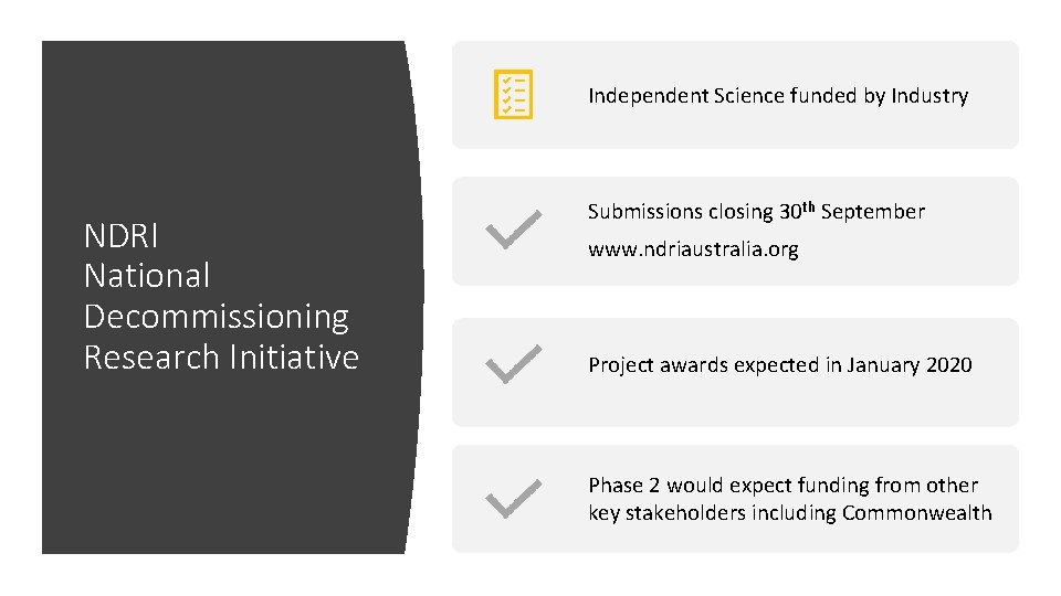 Independent Science funded by Industry NDRI National Decommissioning Research Initiative Submissions closing 30 th