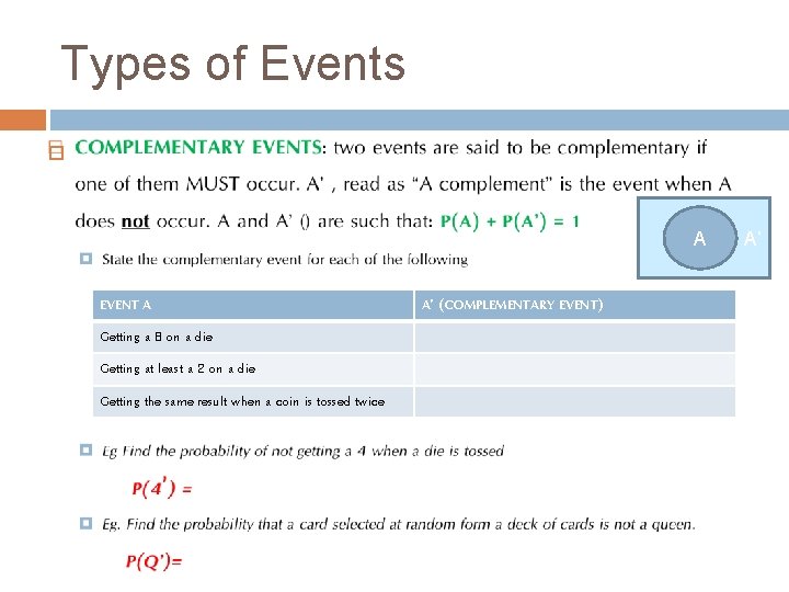 Types of Events A EVENT A Getting a 6 on a die Getting at