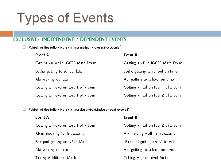 Types of Events EXCLUSIVE/ INDEPENDENT / DEPENDENT EVENTS � Which of the following pairs